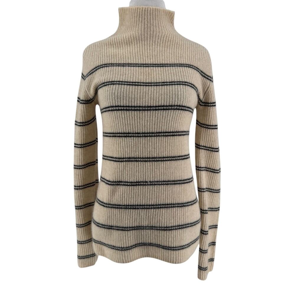 Magashoni Women's Ivory Mock Neck Rib Stripe Cashmere‎ Sweater Size Small